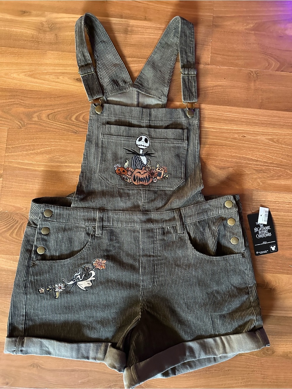 Corduroy Overalls with Jack Skellington Embroidery - Brown